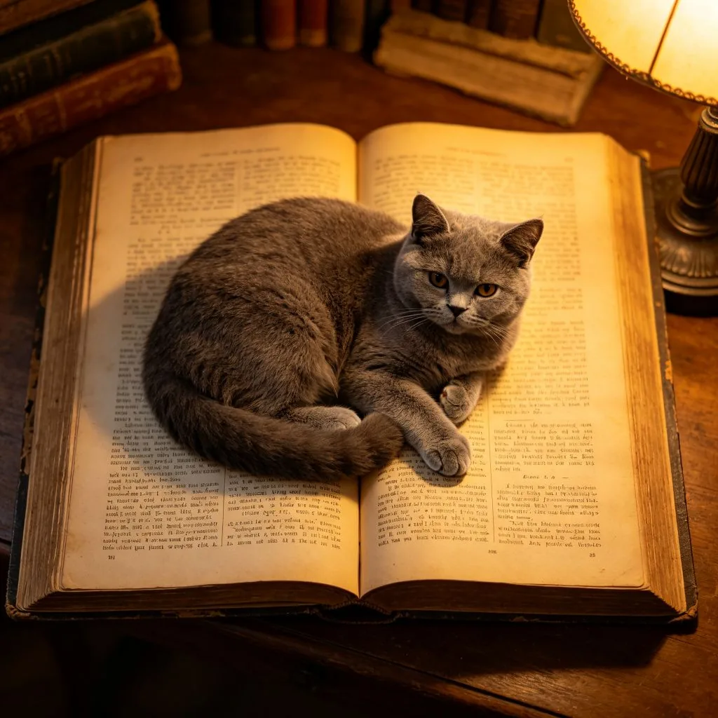 貓咪物語 - 俯視書本上的英短：貓咪與閱讀的慵懶午後