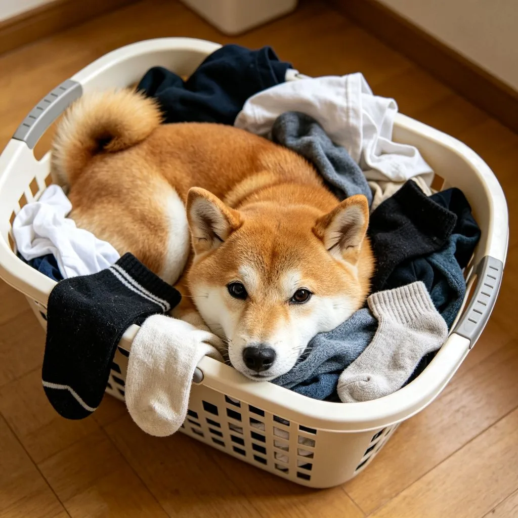 狗狗日記 - 洗衣籃裡的柴犬：狗狗的躲藏遊戲