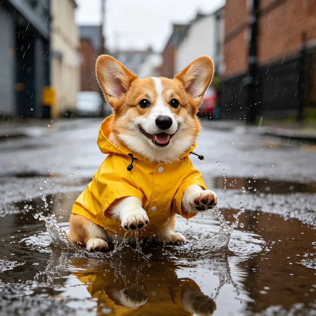 狗狗日記 - 黃色雨衣的柯基幼犬：狗狗的雨天時尚