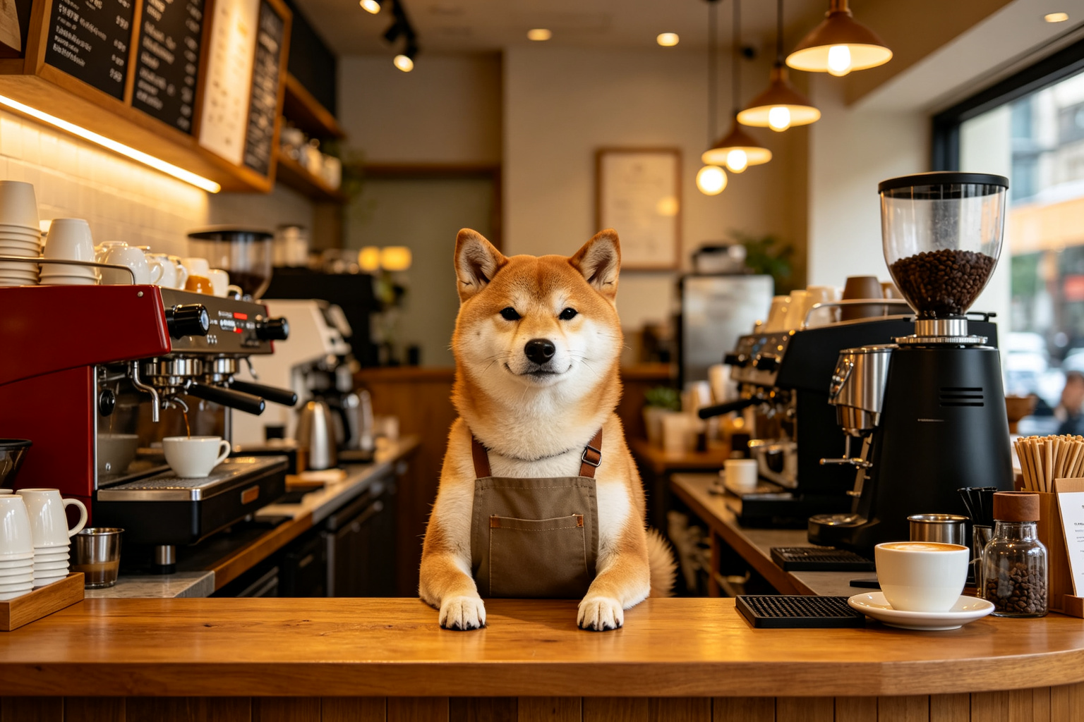 咖啡吧台的柴犬:狗狗咖啡廳的興起 - 柴犬穿著小圍裙坐在咖啡吧台後,狗狗咖啡廳的興起 ZooTecture 柴犬穿著小圍裙坐在咖啡吧台後,狗狗咖啡廳的興起 - 咖啡吧台的柴犬:狗狗咖啡廳的興起
