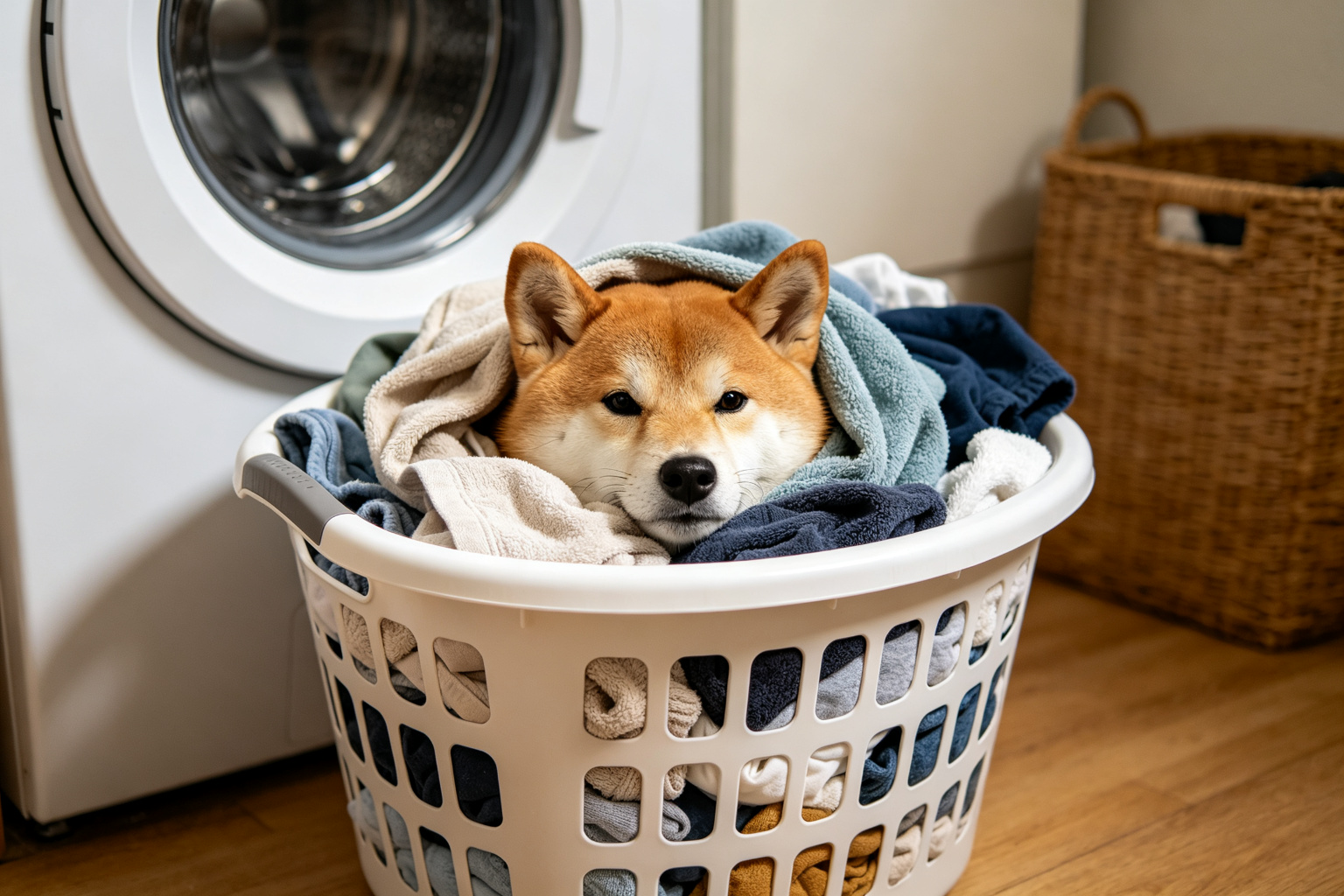 洗衣籃裡的柴犬:狗狗的躲藏遊戲 - 柴犬躲在裝滿衣服的洗衣籃中,狗狗的躲藏遊戲 ZooTecture 柴犬躲在裝滿衣服的洗衣籃中,狗狗的躲藏遊戲 - 洗衣籃裡的柴犬:狗狗的躲藏遊戲