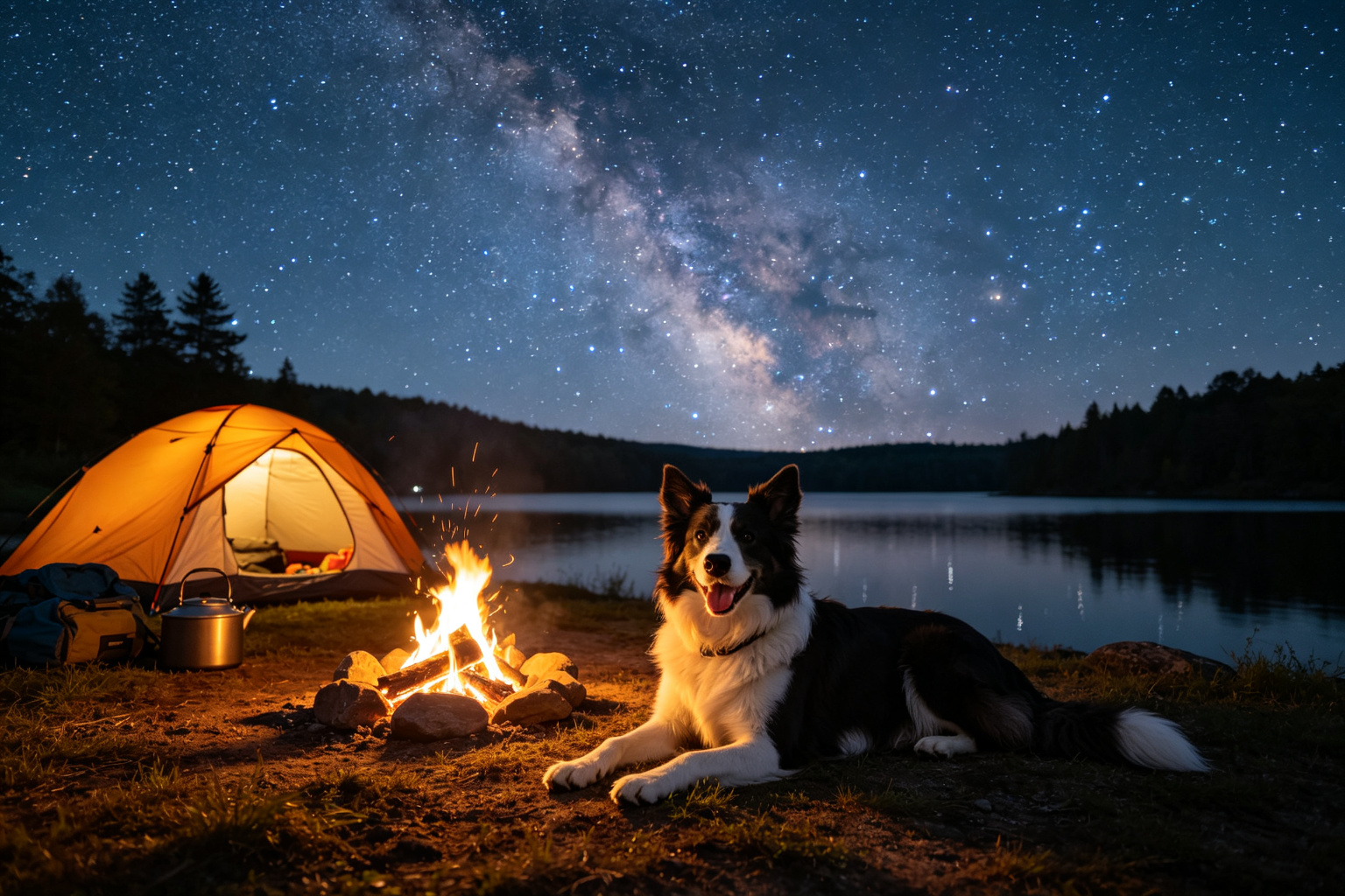 湖邊露營的狗狗:星空下的露營冒險 - 狗狗在湖邊露營營火旁,星空下的露營冒險 ZooTecture 狗狗在湖邊露營營火旁,星空下的露營冒險 - 湖邊露營的狗狗:星空下的露營冒險